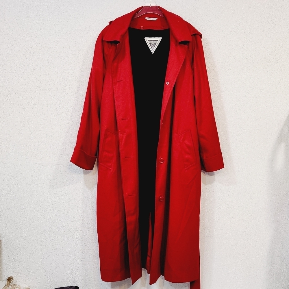 Marvin Richards Christmas Red Full Length Wool Coat Removable Hood Sz 12P